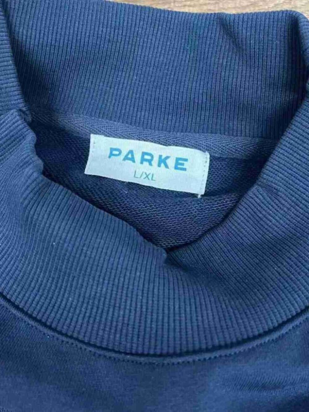 PARKE Dark Blue Mock Neck Orange Varsity Logo Sweatshirt - Picture 2 of 6